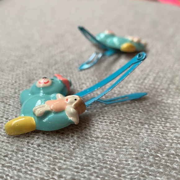 VINTAGE Set of 2 - Kids Bear Hair snap Clip Mini Barrette Blue Turquoise - Picture 6 of 6
